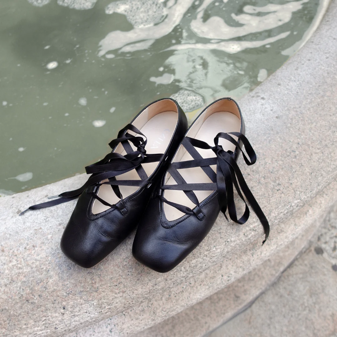 Tilly - Black Leather Ribbon Tie Ballerinas - Image 4