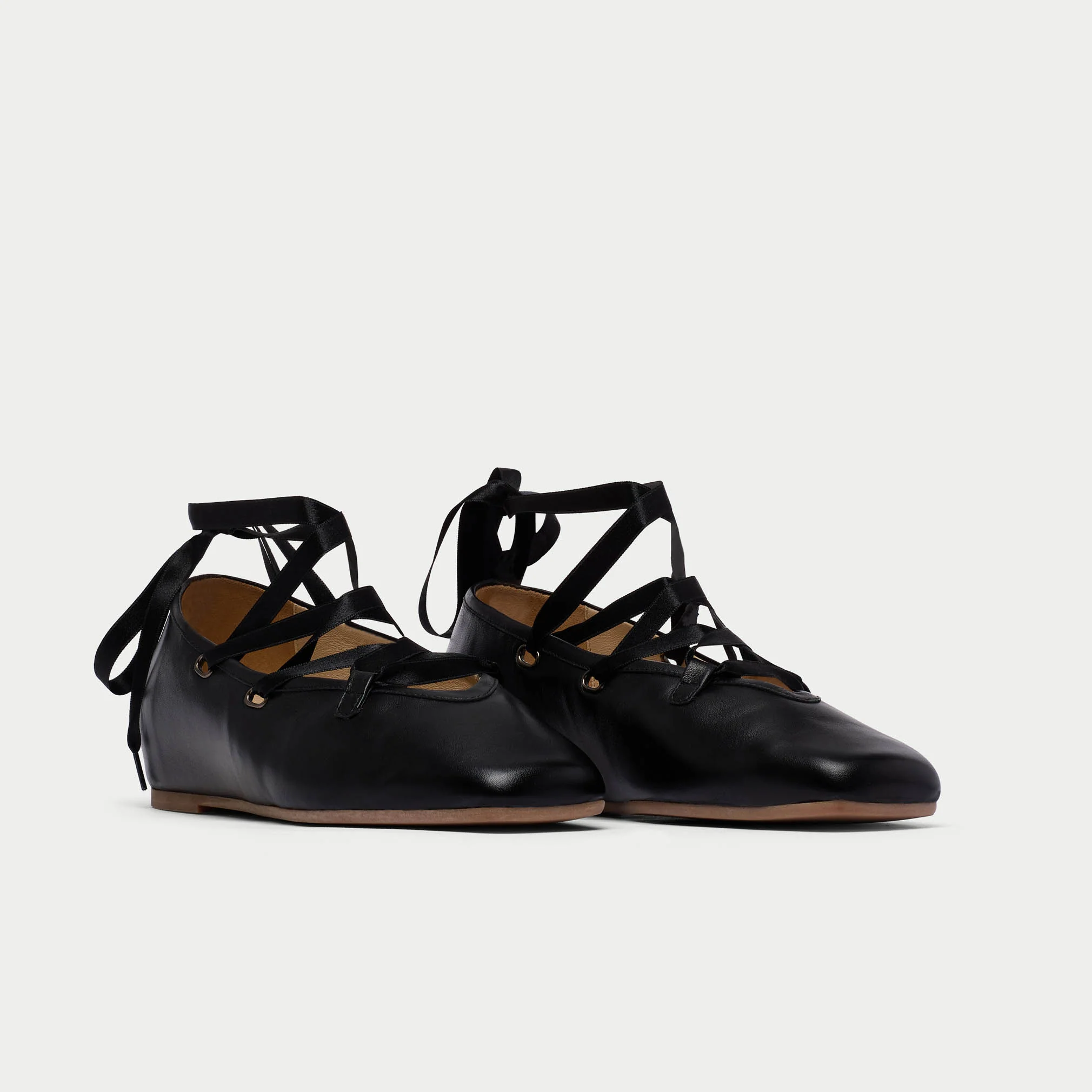 Tilly - Black Leather Ribbon Tie Ballerinas - Image 6